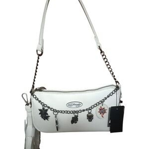 Ed Hardy White Shoulder Bag with Charms, Zipper Closure, NWT